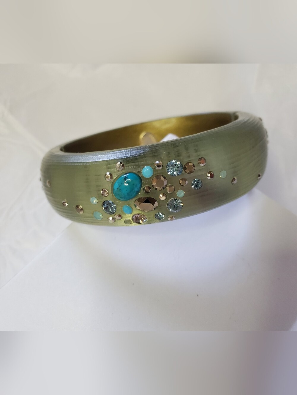 Alexis Bittar Olive Green Handcrafted Bangle with Turquoise & Crystal Accents